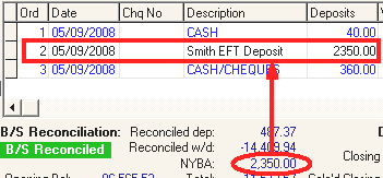 Bank Reconciliation window (right-hand pane, Not yet brought to account)