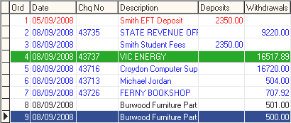 Bank Reconciliation window (right pane grid)