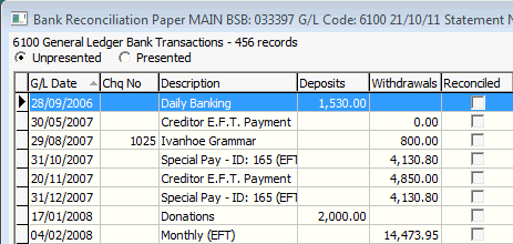 Bank Reconciliation window (Unpresented entries)