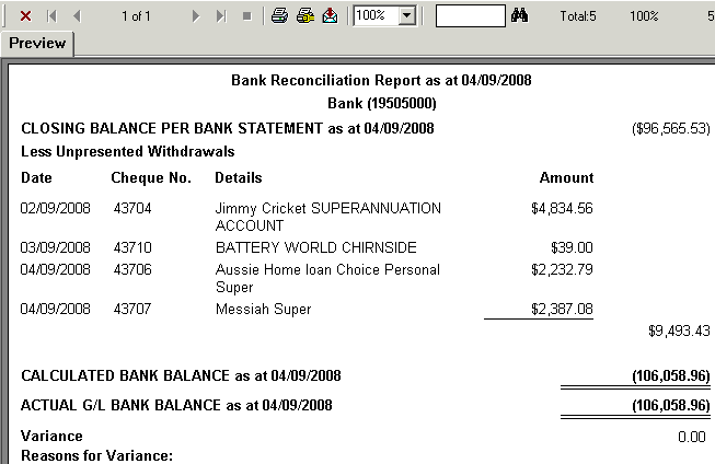 Bank Reconciliation report