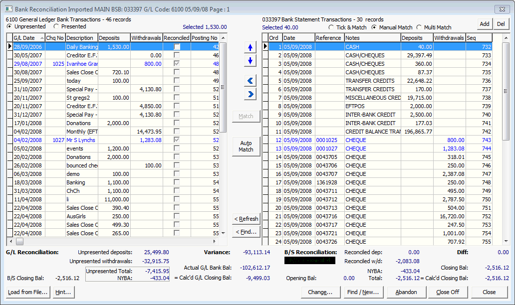 Bank Reconciliation window