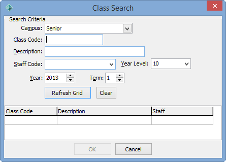 Class Search window (Adding student classes in bulk)