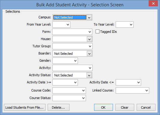 Bulk Add Student Activity - Selection Screen
