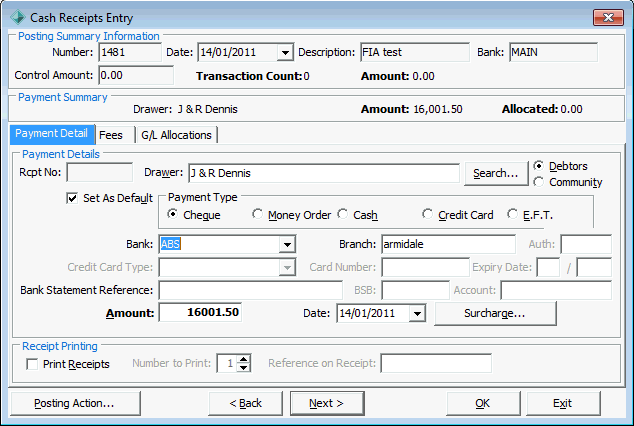 Cash Receipts Entry (fees in advance example step 1)
