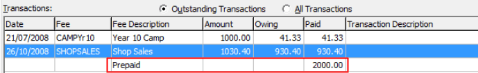 Cash Receipts Entry - Fees tab (Transactions area with Debtor in credit)
