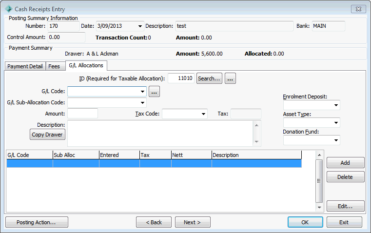 Cash Receipts Entry - G/L Allocations tab