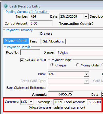 Cash Receipts Entry - Payment Detail tab (cut down, foreign currency highlighted)