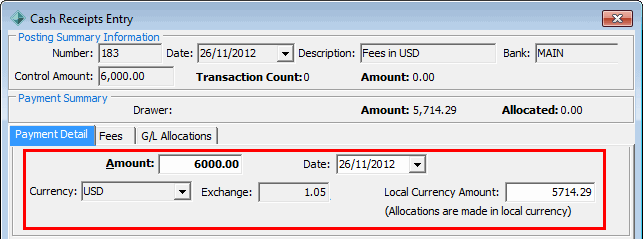 Cash Receipts Entry - Payment Detail tab (foreign currency area cutdown and highlighted)