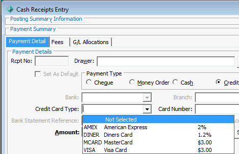 Cash Receipts Entry - Payment Detail tab (surcharge cutdown)