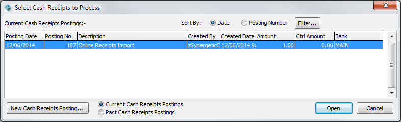Cash receipts entry - Select Cash Receipts to Process window
