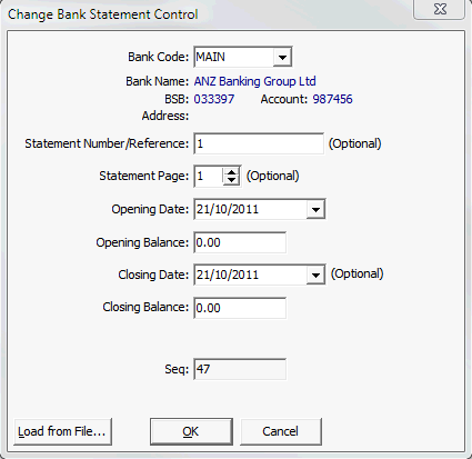 Change Bank Statement Control window