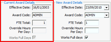 Change FTE/Award window (Current Award Details fields)