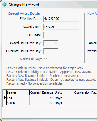 Change/FTE Award window