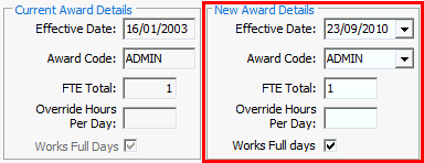 Change FTE/Award window (New Award Details fields)