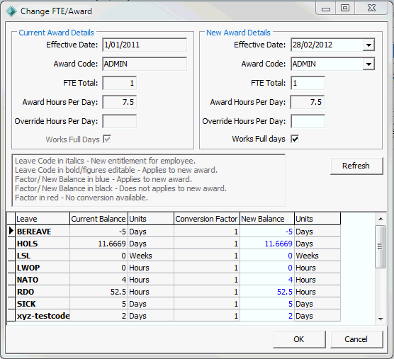Change FTE Award window