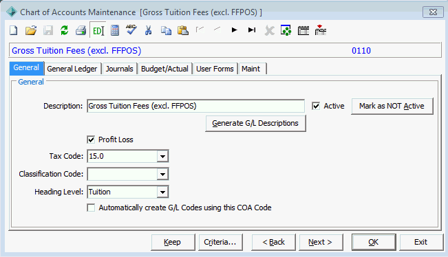 Chart of Accounts Maintenance - General tab