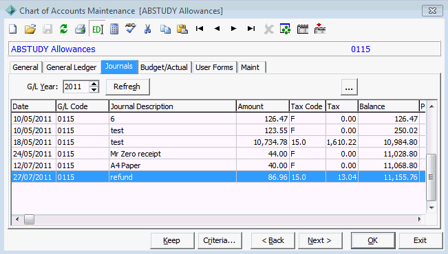 Chart of Accounts Maintenance - Journals tab