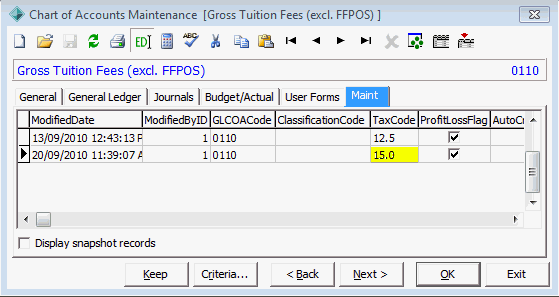 Chart of Accounts Maintenance - Maint tab