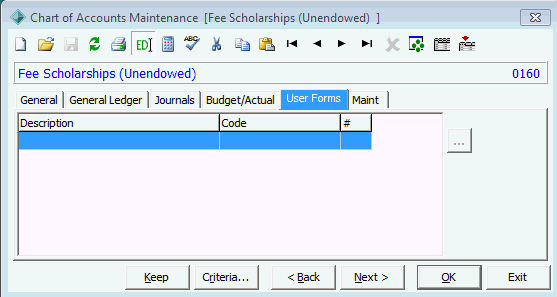 Chart of Accounts Maintenance - User Forms tab