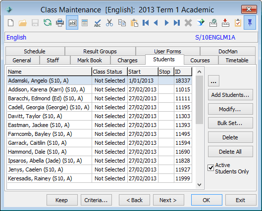 Class Maintenance - Students tab