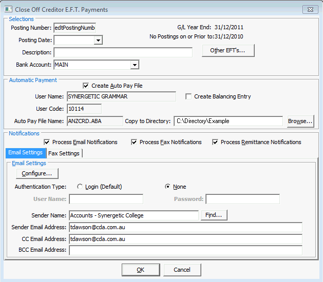 Close Off Creditor EFT Payments window