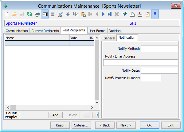 Communications Maintenance - Past Recipients tab - Notification sub-tab