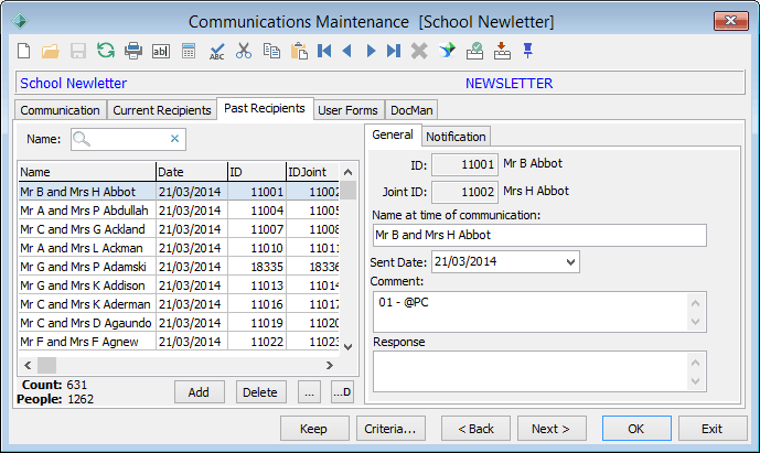 Communications Maintenance - Past Recipients tab