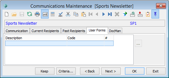 Communications Maintenance - User Forms tab