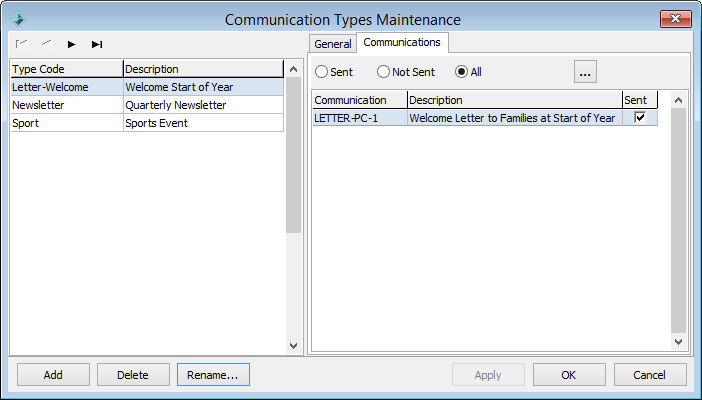 Communication Types Maintenance - Communications tab