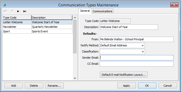 Communication Types Maintenance - General tab