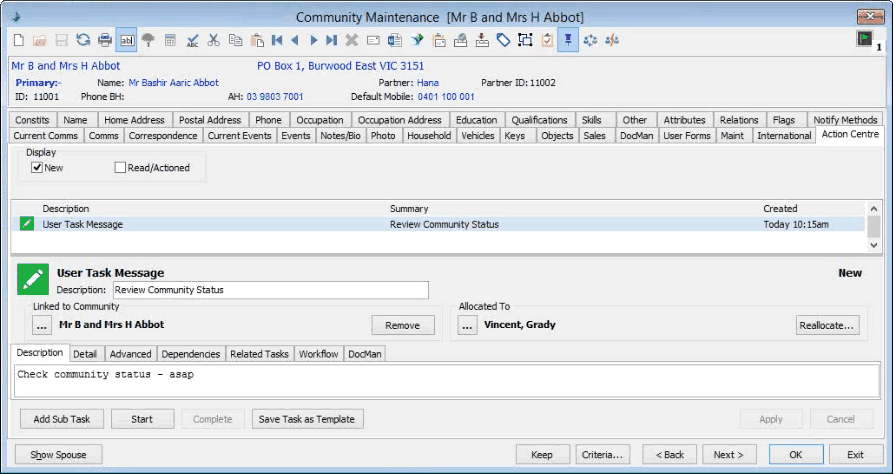 Community Maintenance - Action Centre tab
