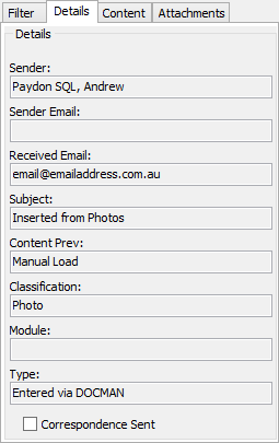 Community Maintenance - Correspondence tab (cut down, details tab)