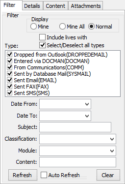 Community Maintenance - Correspondence tab (cut down, filter tab)