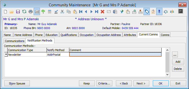 Community Maintenance - Current Comms tab - Notification Methods sub-tab