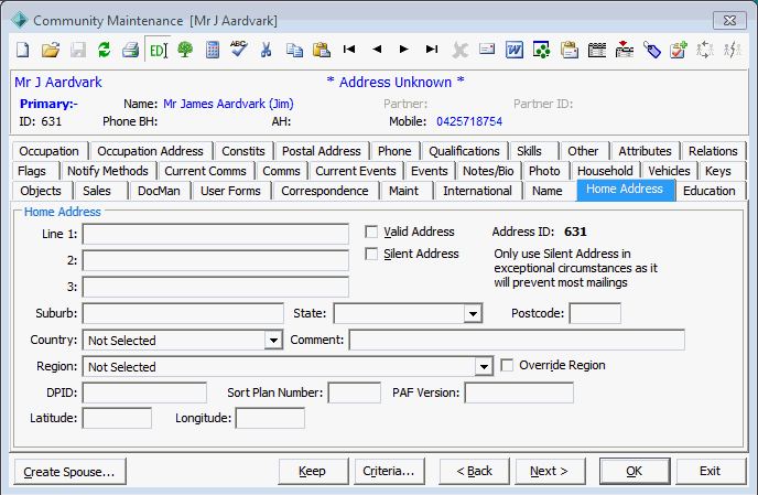 Community Maintenance - Home Address tab