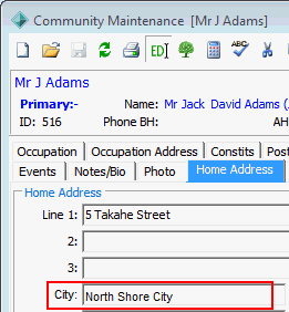 Community Maintenance - Home Address tab (NZ only, City field)