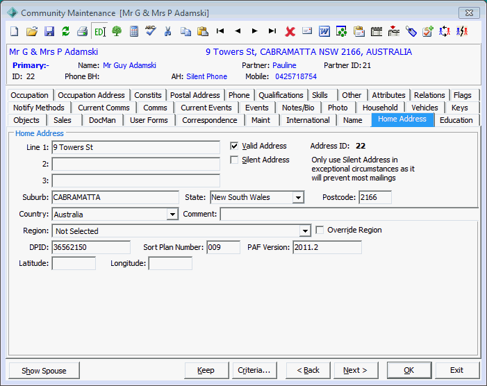 Community Maintenance - Home Address tab