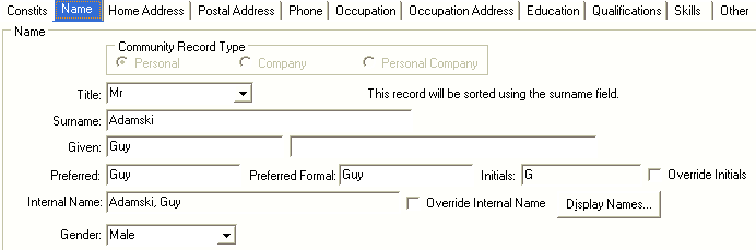 community maintenance - name tab (fields for roll returns)