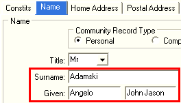 Community Maintenance - Name tab (key name fields)