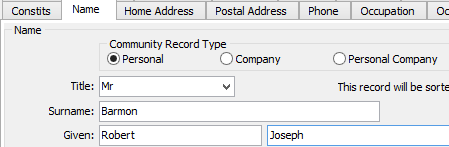 Community Maintenance - Name tab (cut down)