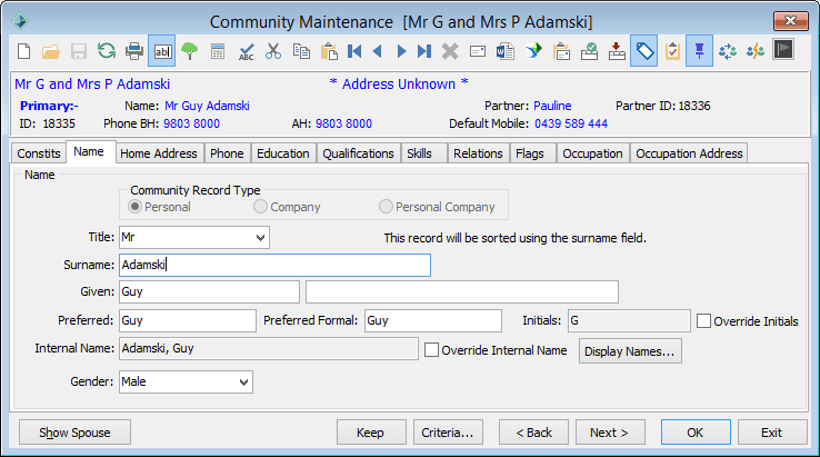 Community Maintenance - Name tab