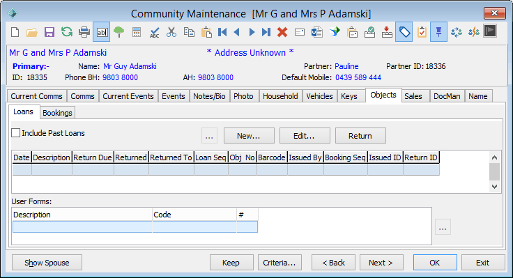 Community Maintenance - Objects tab - Loans sub-tab