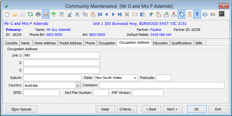 Community Maintenance - Occupation Address tab