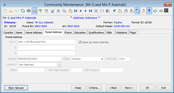 Community Maintenance - Postal Address tab