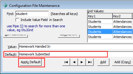 Configuration File Maintenance window (Default field, button, wn v63)