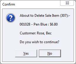 Confirm - about to delete item from sale entry