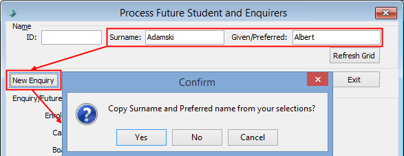 Confirm window - Copy Surname and Preferred name from your selections