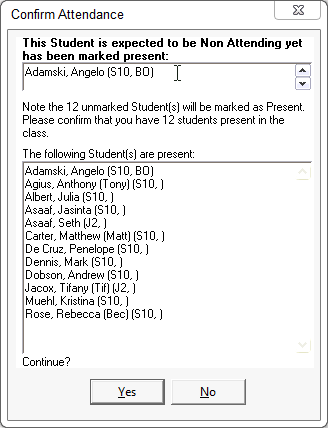 Confirm Attendance window