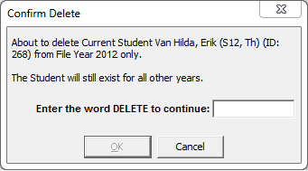 Confirm Delete - About to delete current student from the specified file year (after the new year has been created)