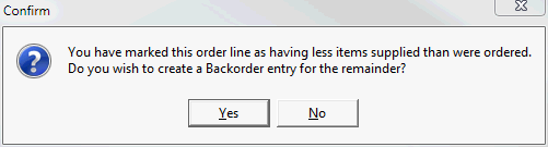 Confirm less supplied than ordered